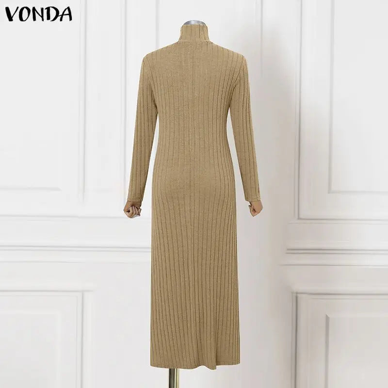 VONDA Women Turtleneck Sweater Dresses Autumn Long Sleeve Knitted Maxi Vestidos Elegant Office Streetwear Solid Party Robe Femme