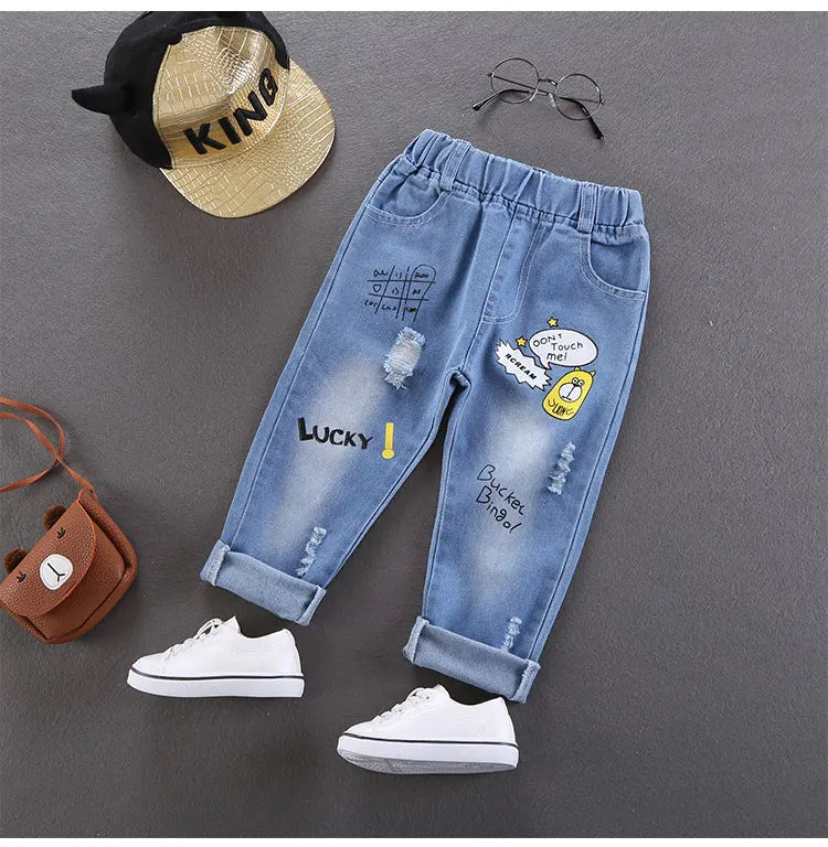 Children Jeans  Boys Cotton Print Splice Stretch Denim Pants Korean Teenage Trousers Wear Kids ClothingDenimRipped Spring Autum
