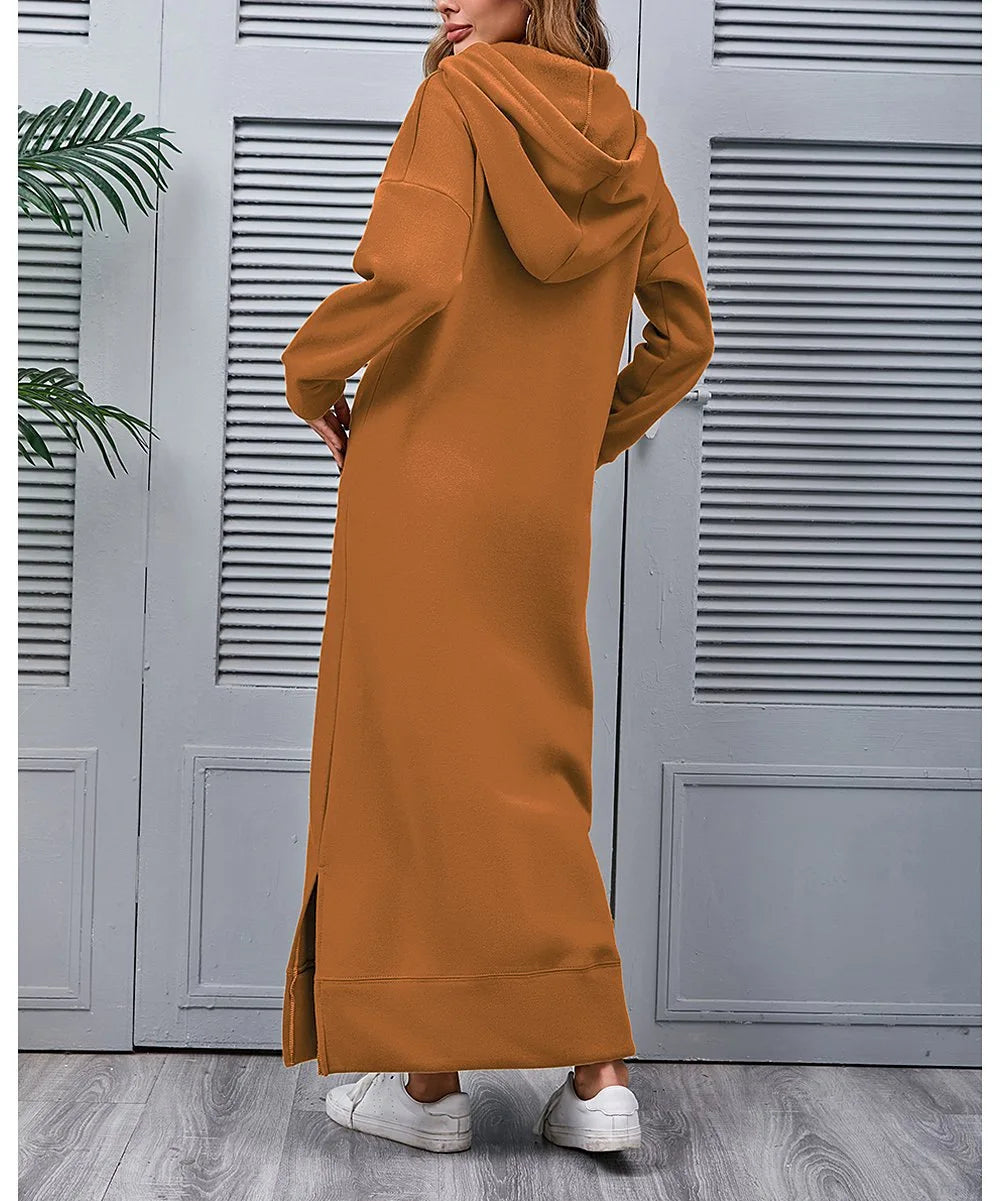 Autumn Winter New plus Size Loose Knitted Long Dress Hoodie Fleece Casual Fashion Dress Large Pocket Skirt Elegant Commute