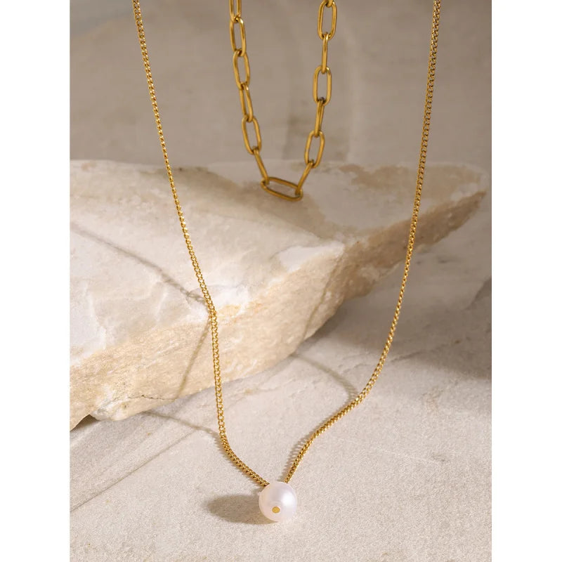 18K Gold Plated Non-Tarnishing Women's Stainless Steel Pearl NecklaceinsFashionable Simple Double Layer Stacked Long Chain Titan