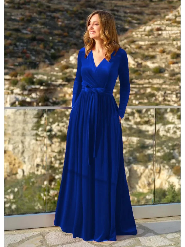 Elegant Women's German Velvet Long Sleeve Dress Autumn Winter New Slim Fit Fashion Waist Tie Female Bridesmaid Long Pocket Dress