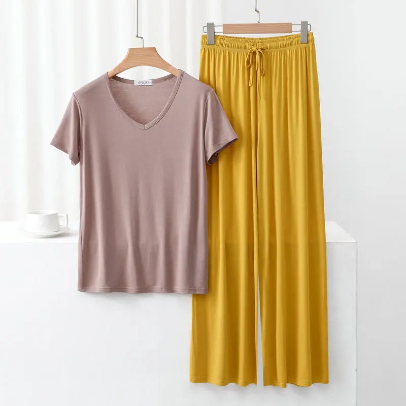 Modal Homewear 2pcs Pajamas set Short sleeve Tops and Trousers Solid color Casual Loose Sleepwear suit Plus size Nightwear