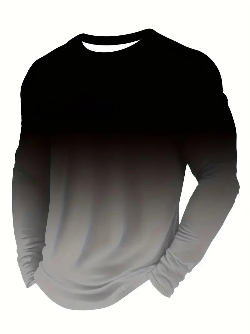 Spring Autumn Men Long Sleeve Round Gradient Color T Shirt Men Clothes Sport Pullover T Shirt 100% Polyester Breathable Tops