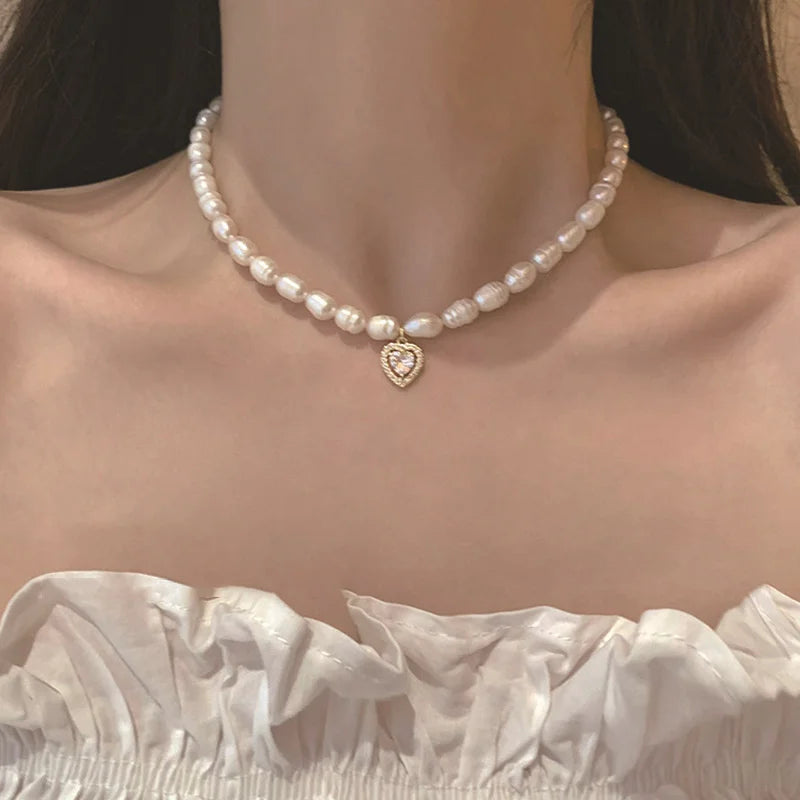 1PC Fashion Korean Style Freshwater Pearl Necklace For Women Gentle Vintage Clavicle Chain Zircon Pendant Necklace Party Jewelry