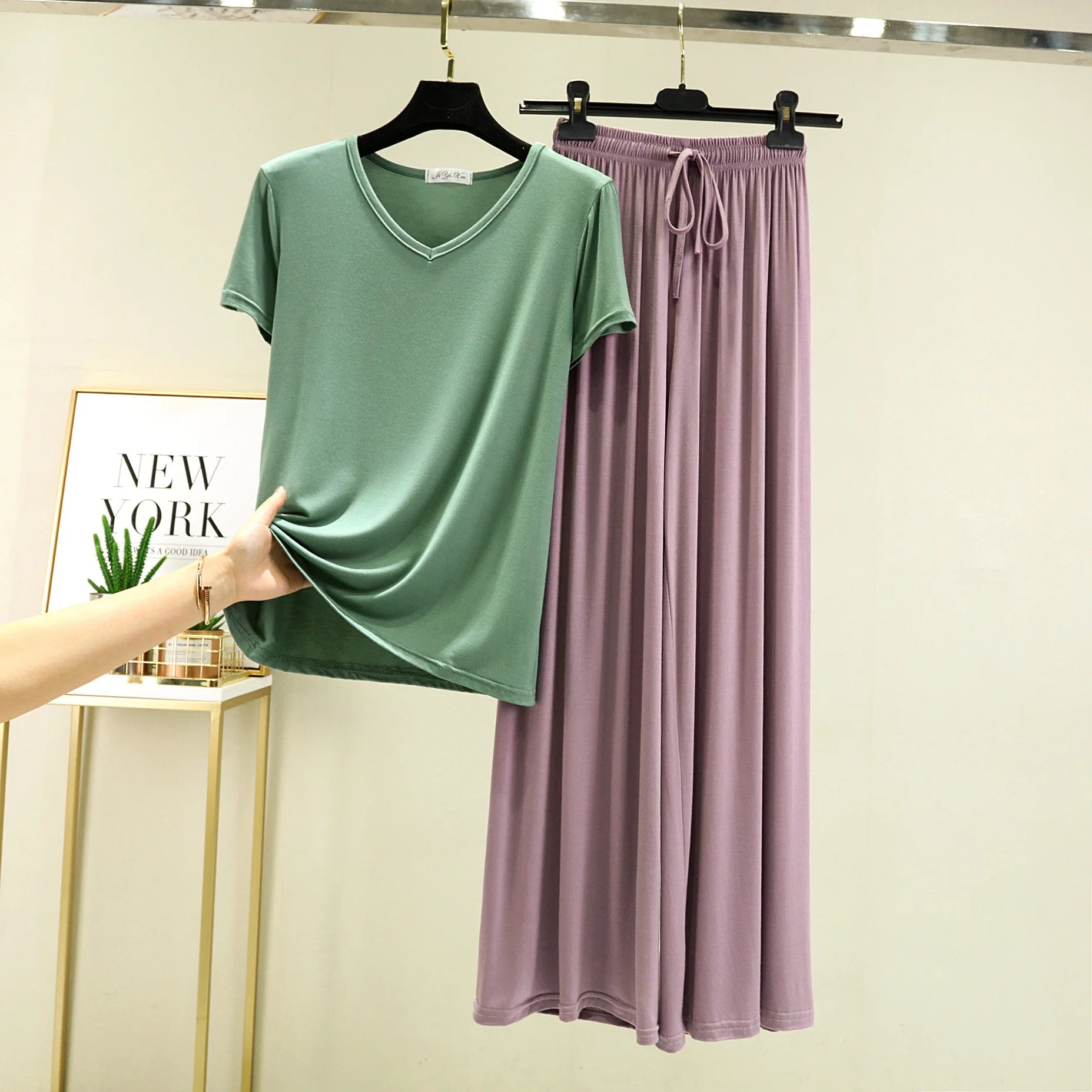 Modal Homewear 2pcs Pajamas set Short sleeve Tops and Trousers Solid color Casual Loose Sleepwear suit Plus size Nightwear