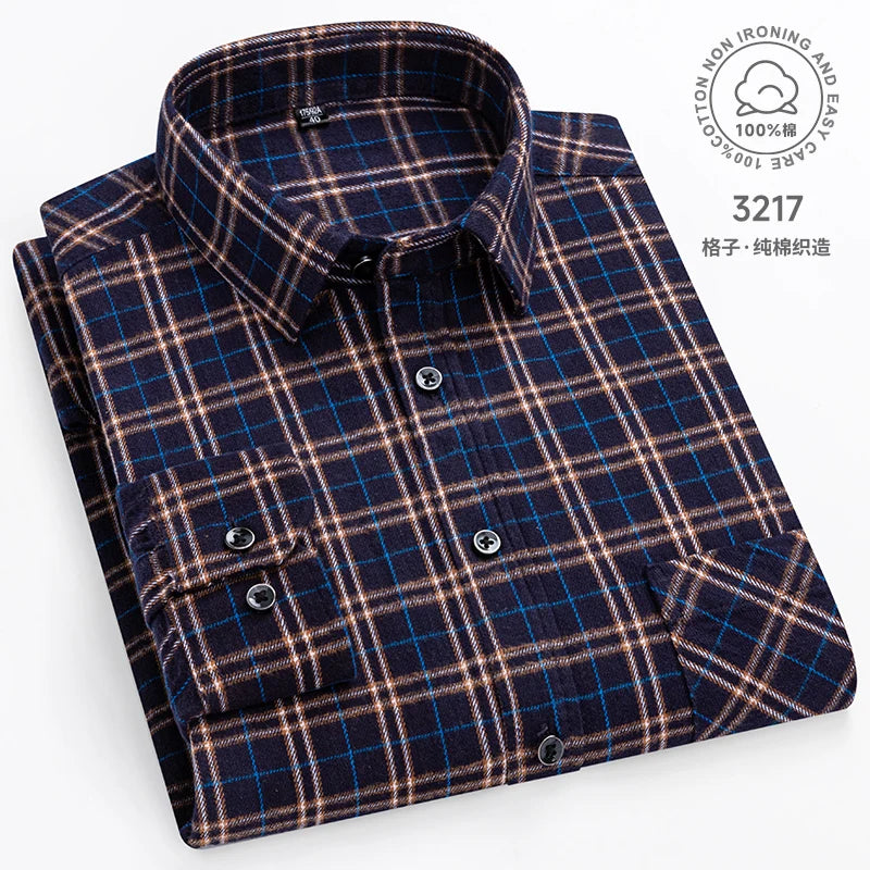 Plaid Flannel Shirts For Men Long Sleeve 100%Cotton Fashion Casual Soft Standard-Fit Man Blouse Clothes Oversize Men's clothing