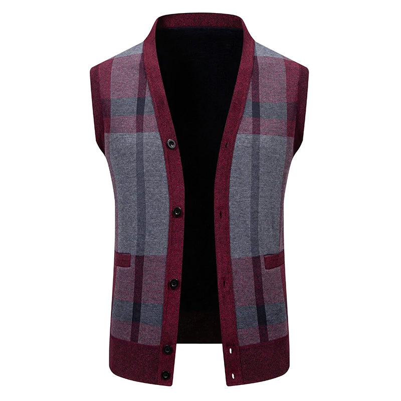 New Mens Fleece Knitted Vest Sleeveless Autumn Winter V Neck Sweater Vest Button Front Knit Cardigan Vest
