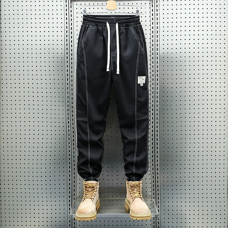 Men's Ice Silk Casual Pants Summer Thin Loose Harlan Nine-Point Trousers Trendy Sports Tools with Tied Feet forVersatile Style