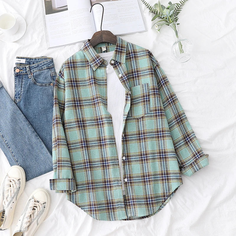 Fresh Flannel Plaid Shirt Women 2025 New Female Blouses and Tops Cotton Loose Long Sleeve Casual Shirts Fine Women's Clothes