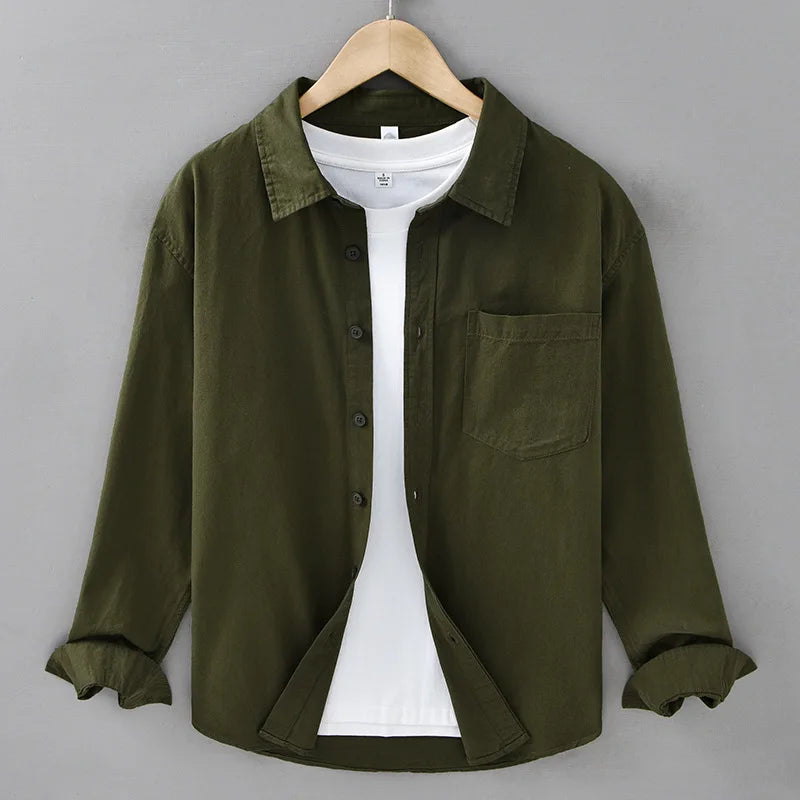 Basic Men's Long-Sleeve Cotton Shirt - Casual and Versatile Spring Style 100% Cotton Solid Color Casual Shirt