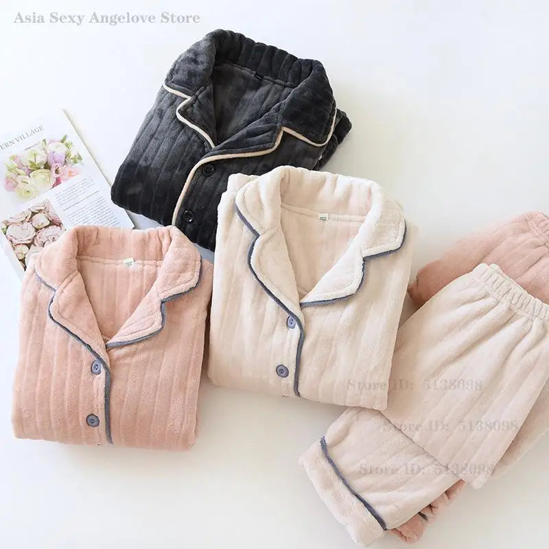 Couple Pajamas Winter Thick Coral Fleece Lapel Cardigan Sleepwear Flannel Men Women's Home Clothes Intimate Lingerie Nightwear