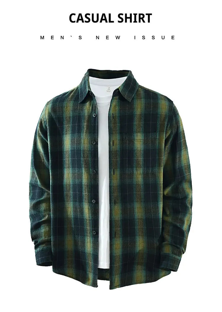 Oversized 100% Cotton Men's Plaid Shirt, Japanese Casual Style, Green Coffee Check Camping Fishing
