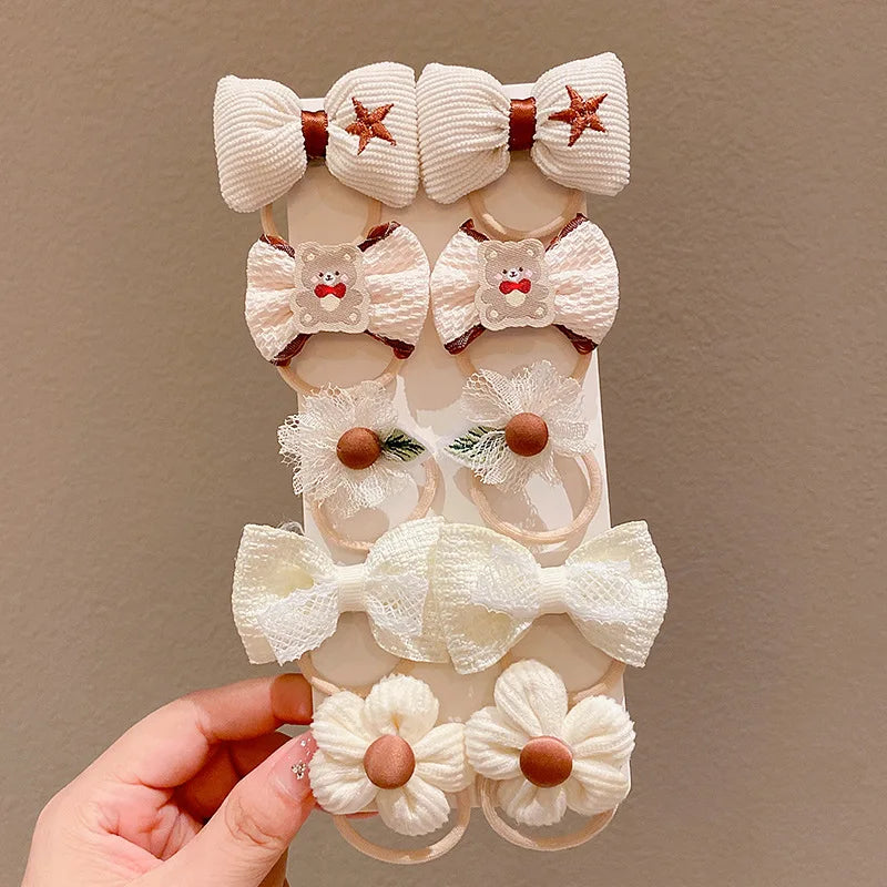 10Pcs/Set Girls Cartoon Hair Band Sweet Bow Hair Ties Elastic Rubber Band Princess Flower Scrunchies Kids Hair Accessories