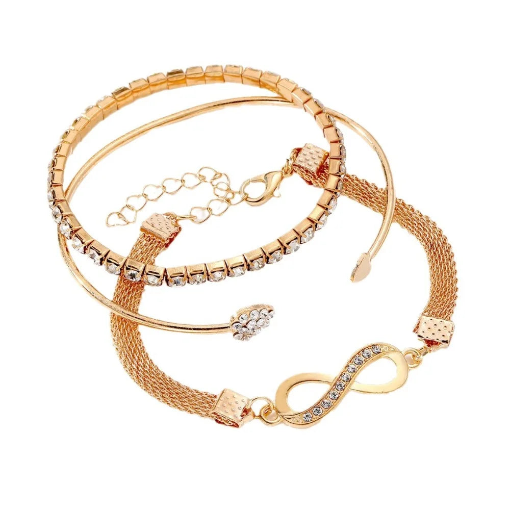 Vintage Infinity Heart Crystal Rhinestone Bracelet Set for Women Female Gold Color Metal Adjustable Bracelets Fashion Jewelry