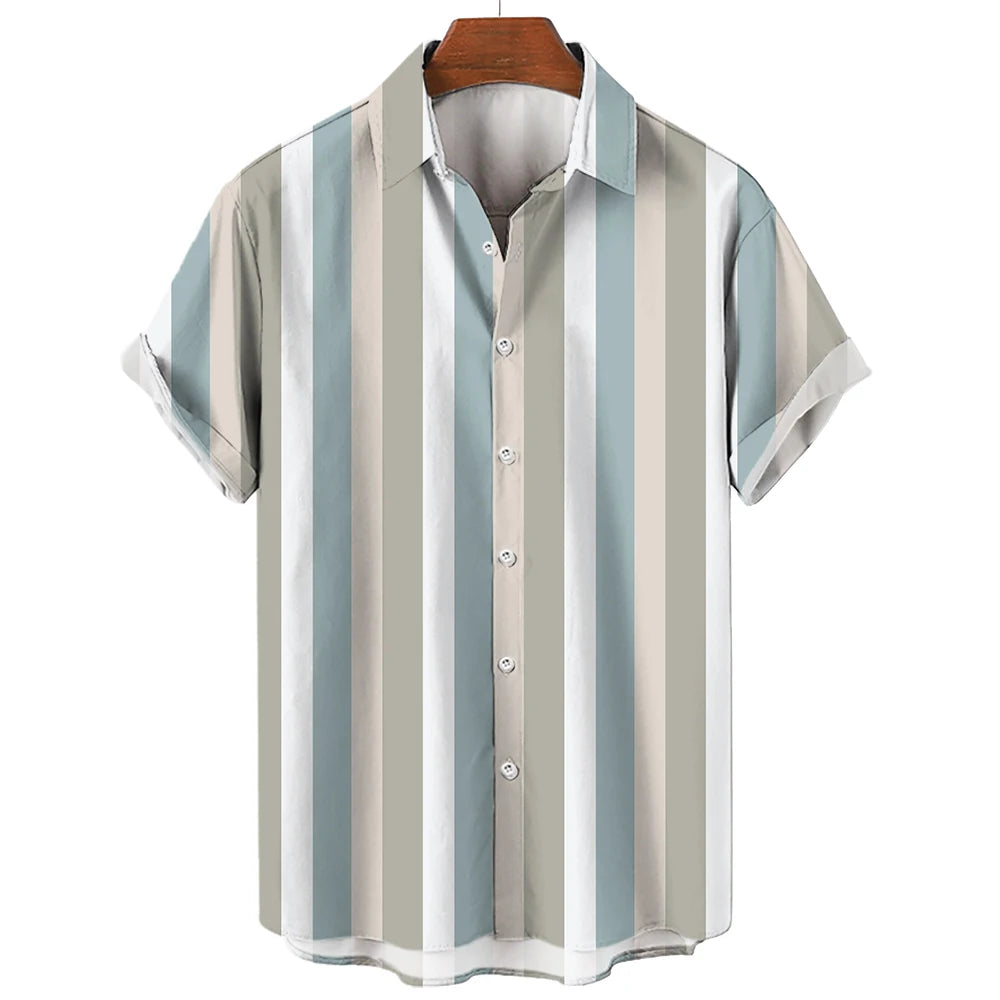 Men's Hawaiian Shirt Summer Stripes Print Short Sleeve Top Tees Fashion Casual Social Shirts Lapel Button Oversized Men Clothing