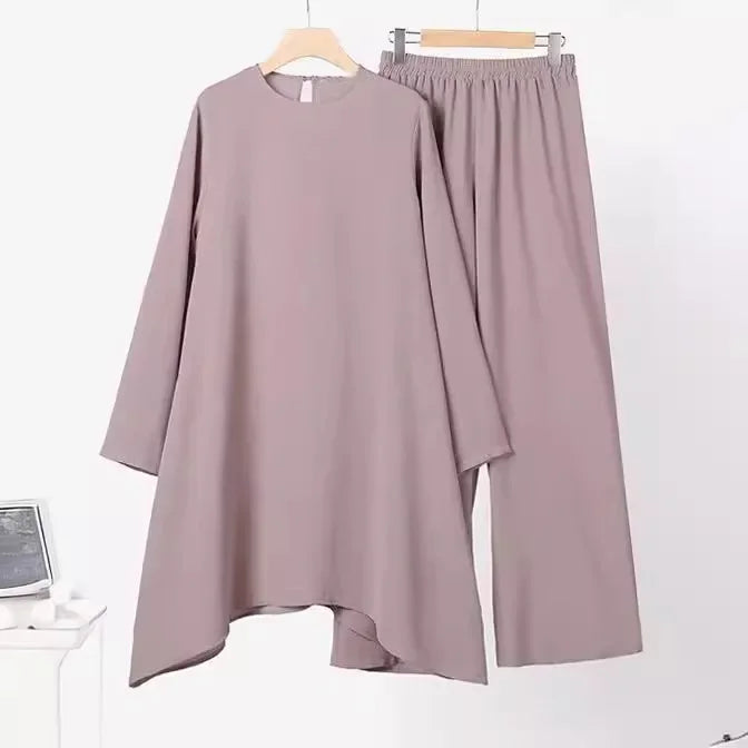 Hot Sale Of The Season Muslim Women's Fashion Casual round Neck Overhead Long Pants Midi Skirt Set Solid Color Middle East Cross