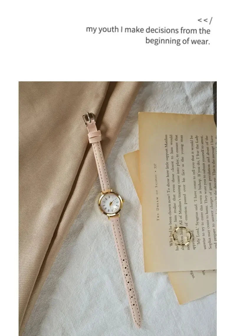 Women Brown White Small Round Watches Versatile Thin Strap Leather Band Ladies Quartz Watch Wristwatch Clock Reloj Mujer