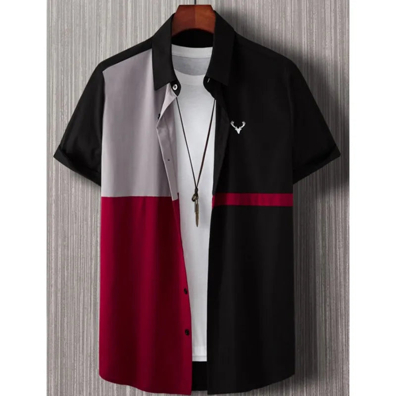 New Shirts for Men 3d Patchwork Plaid Printed Men’S Clothing Summer Casual Short Sleeved Daily Street Tops Loose Oversized Shirt