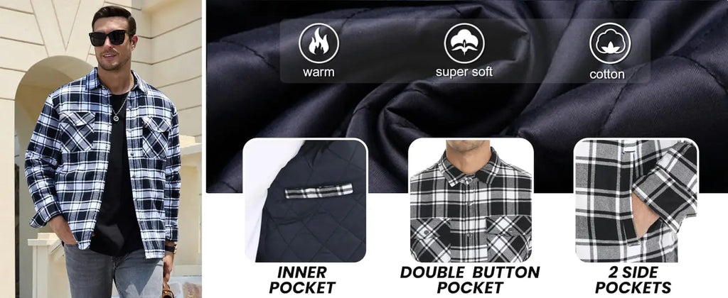 TACVASEN Winter Plaid Cotton Jackets Mens Long Sleeve Quilted Lined Flannel Shirt Jacket Multi-Pockets Outwear Hiking Coats Tops