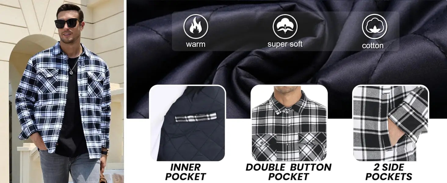 TACVASEN Winter Plaid Cotton Jackets Mens Long Sleeve Quilted Lined Flannel Shirt Jacket Multi-Pockets Outwear Hiking Coats Tops