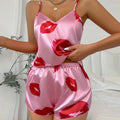 Women's Cute Heart Print Satin Pajama Set - V Neck Cami Top and Elastic Shorts for Comfortable Sleep and Lounging Homewear