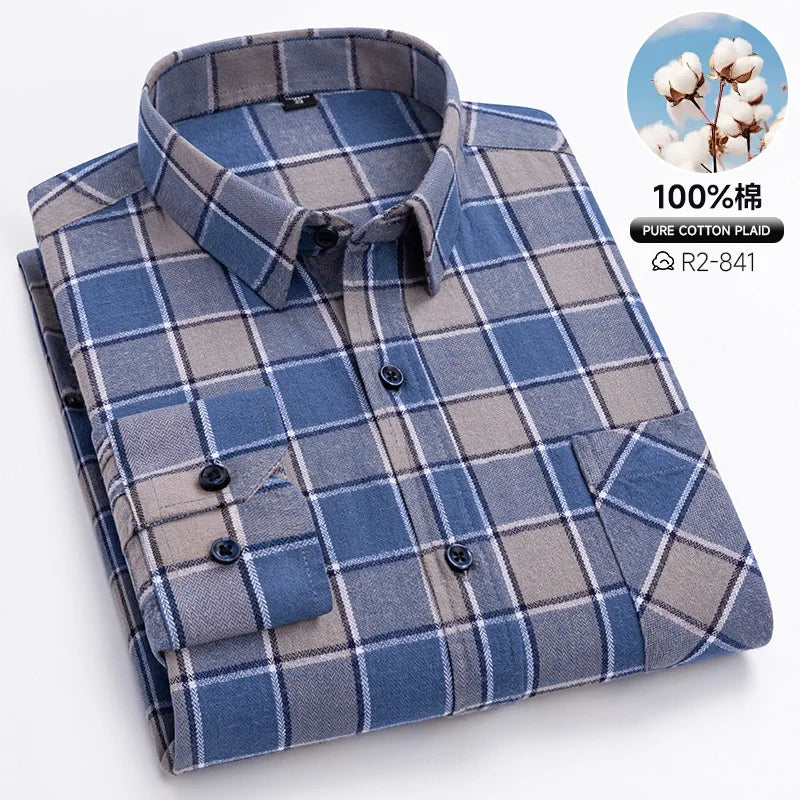 Pure Cotton Men's Plaid Shirts Long Sleeved Regular Fit Casual Office Fashion Shirts Leisure Autumn Male Check Blouses Plus Size