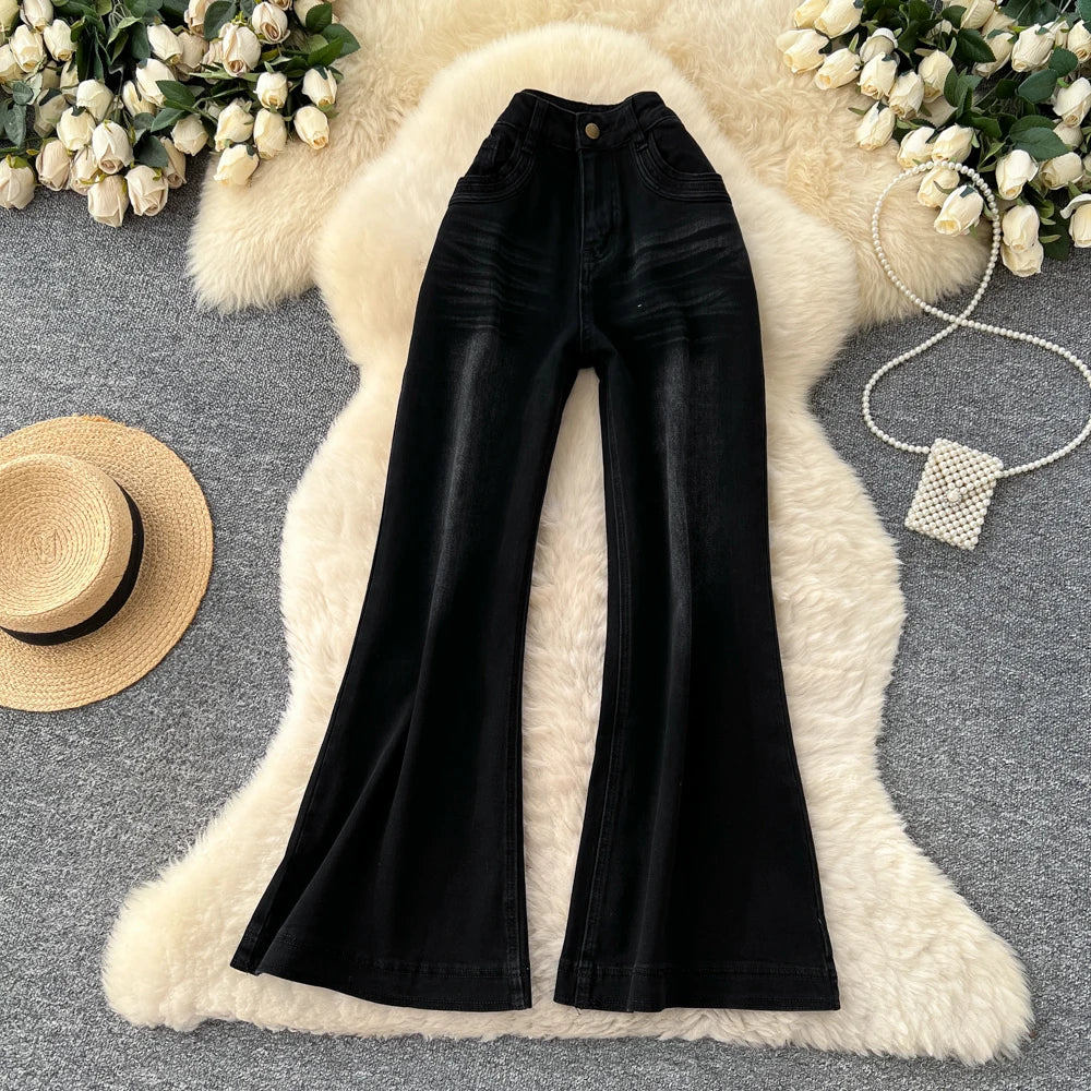 SINGREINY Female Do Old Vintage Jeans Zipper Casual Trendy Street Long Pants Chic High Waist Classic Versatile Boot Cut Trousers
