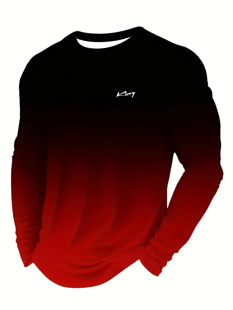 Spring Autumn Men Long Sleeve Round Gradient Color T Shirt Men Clothes Sport Pullover T Shirt 100% Polyester Breathable Tops