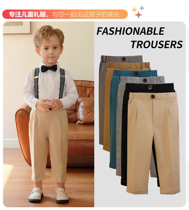 New Children Boys Suit Pants Cotton Plaid Kids Boys Casual Pants Elementary School Performance Pants For 1-10Y Boys Loose Pants