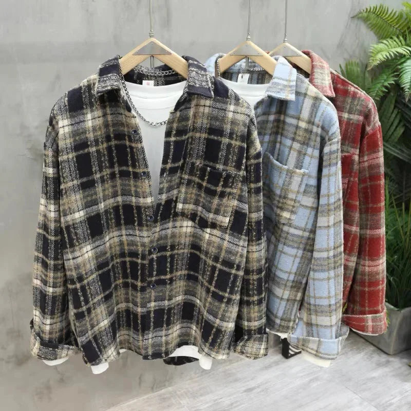 Retro American Plaid Long Sleeve Shirt Women's Lazy Style Loose Slimming Versatile Flannel Coat with Pocket Full Length Button u
