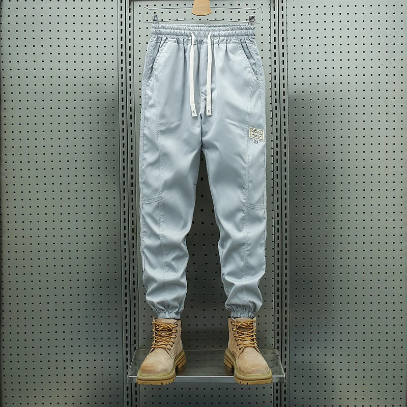 Men's Ice Silk Casual Pants Summer Thin Loose Harlan Nine-Point Trousers Trendy Sports Tools with Tied Feet forVersatile Style