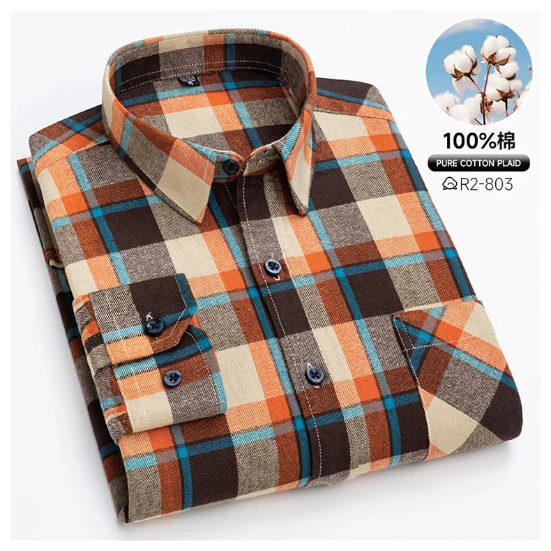 Pure Cotton Men's Plaid Shirts Long Sleeved Regular Fit Casual Office Fashion Shirts Leisure Autumn Male Check Blouses Plus Size