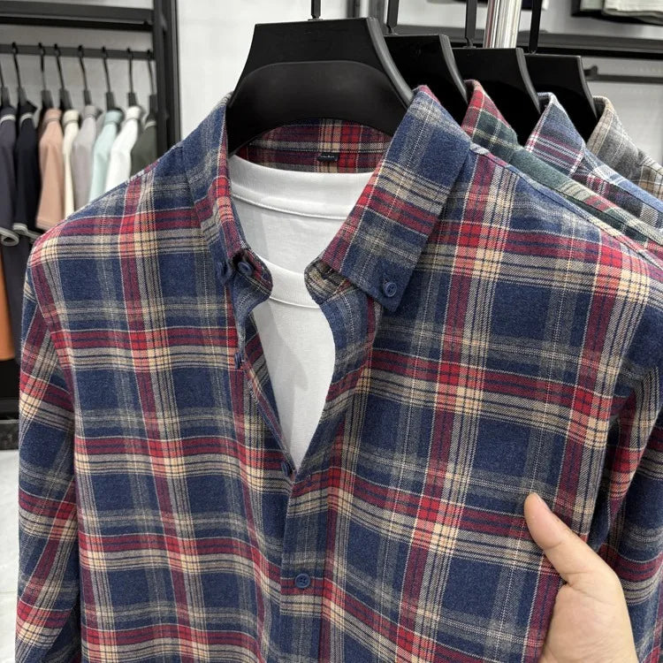 New 2025 Men's Long Sleeve Cotton Shirt Fleece Business Casual Easy Care Youth Outerwear Top Polyester Fiber Cool Sensation