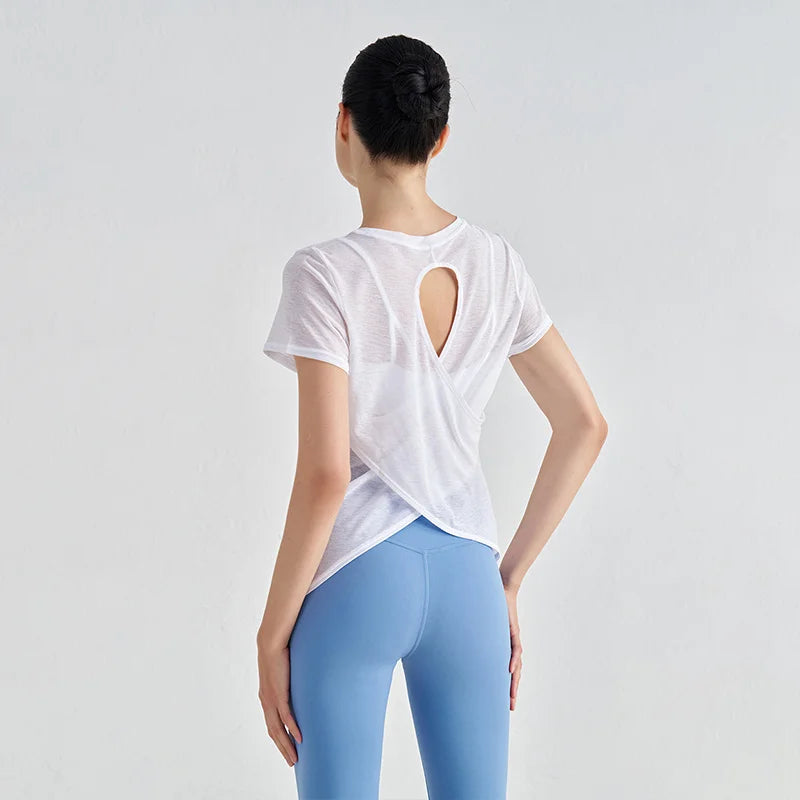 TRY TO BN Gym Tops Women Short Sleeve Sports Fitness Nylon Hollow Back Breathable Women's T-Shirt Training Runing Yoga Clothing