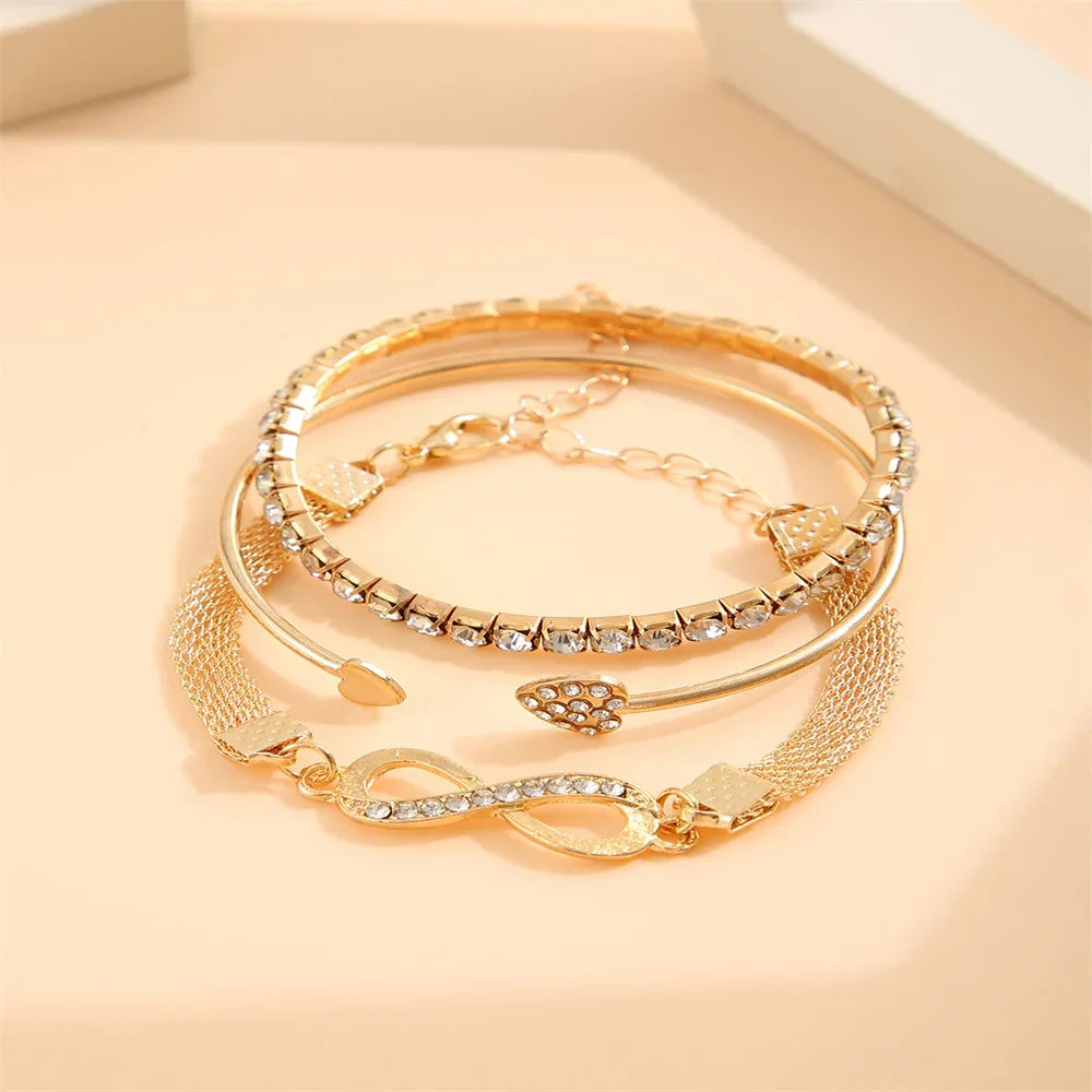 Vintage Infinity Heart Crystal Rhinestone Bracelet Set for Women Female Gold Color Metal Adjustable Bracelets Fashion Jewelry