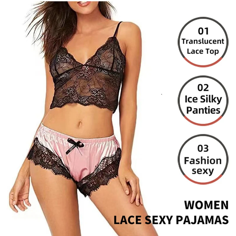 Women's 2 Piece Sexy Lace Pajama Set See-through Bralette Cami Top And Shorts Breathable Sleepwear Plus Size Summer Lingerie