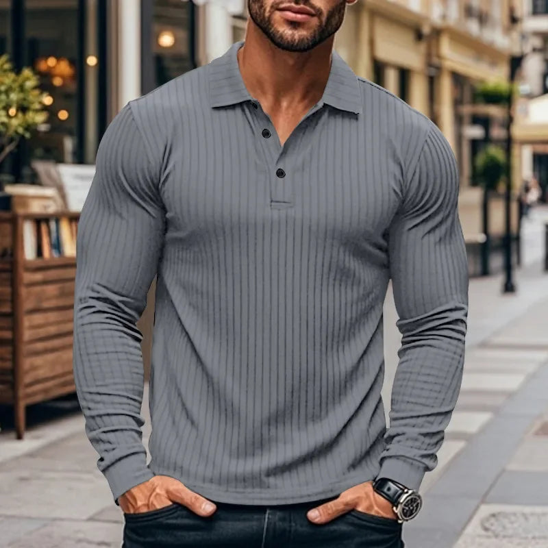 Men's Autumn  Classic Casual  Elastic Pit Strip Polo ShirtAmerican  Lapel Button-up Long-Sleeved T-shirt