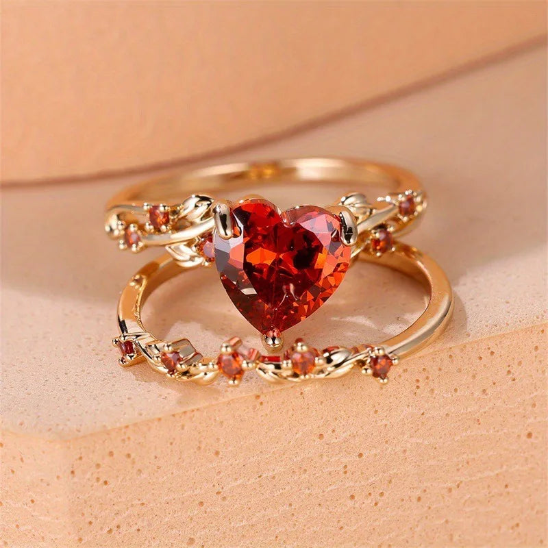 Royal Blue Green Black Red Stone Heart Ring Sets for Women Rose Gold Color White Zircon Bridal Wedding Bands Mothers Day Jewelry