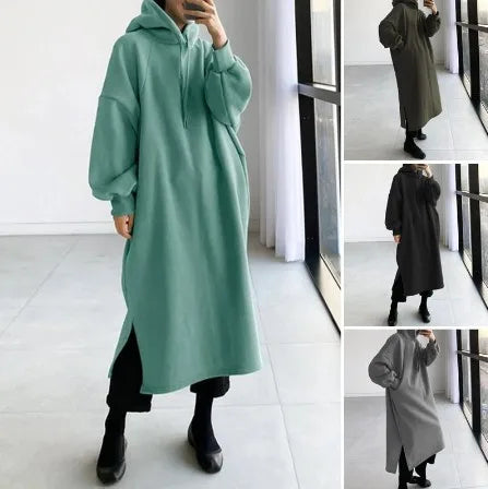 2025 Thicken Autumn Winter Women Oversized Hoodie Long Dress Solid Fashion Long Sleeve Female Clothing Casual Loose New Dresses