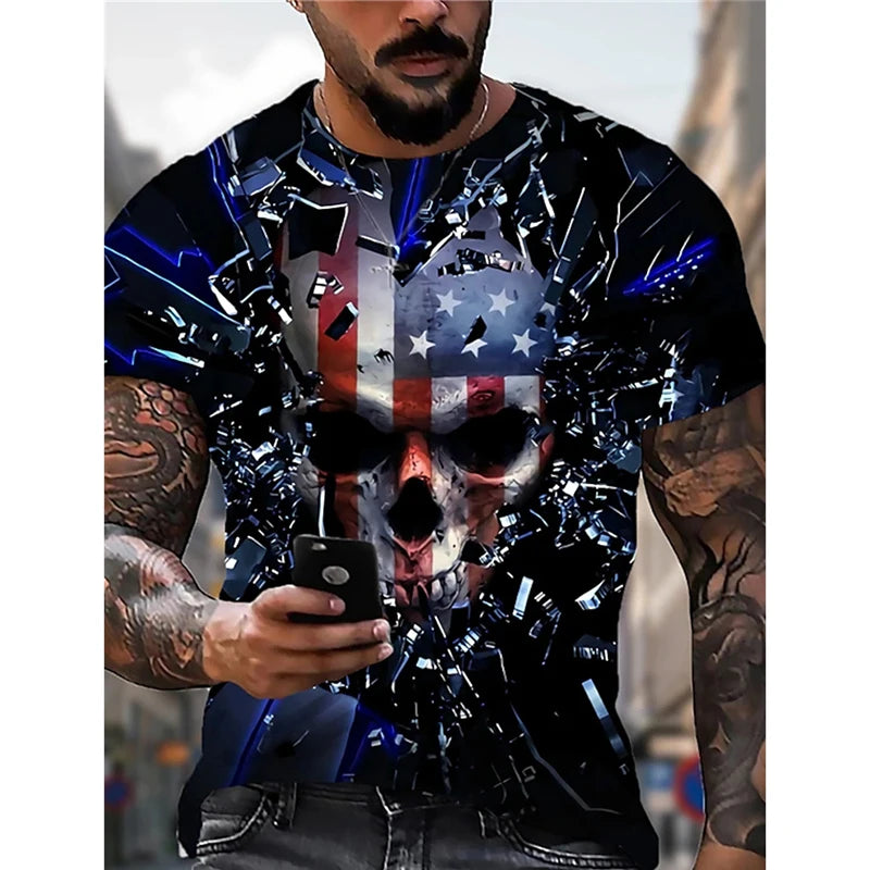 Summer Men's Retro Flag Printed T-shirt 3D Skull Round Neck Short Sleeve Casual Breathable Men's Large Size T Shirt Hot Model