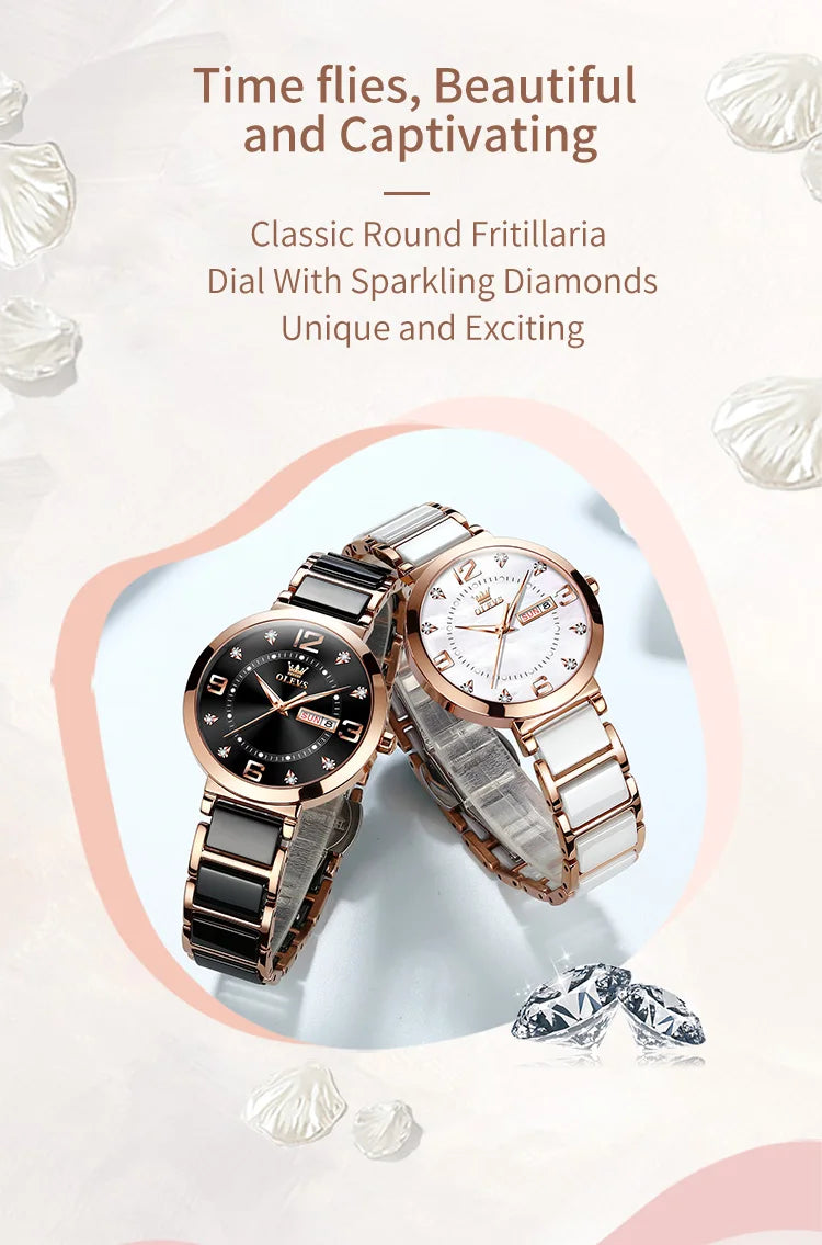 OLEVS New Ceramics Watchstrap Watch For Women Luxury Business Diamonds Wristwatch Fashion Waterproof Dual Calendar Woman Watches