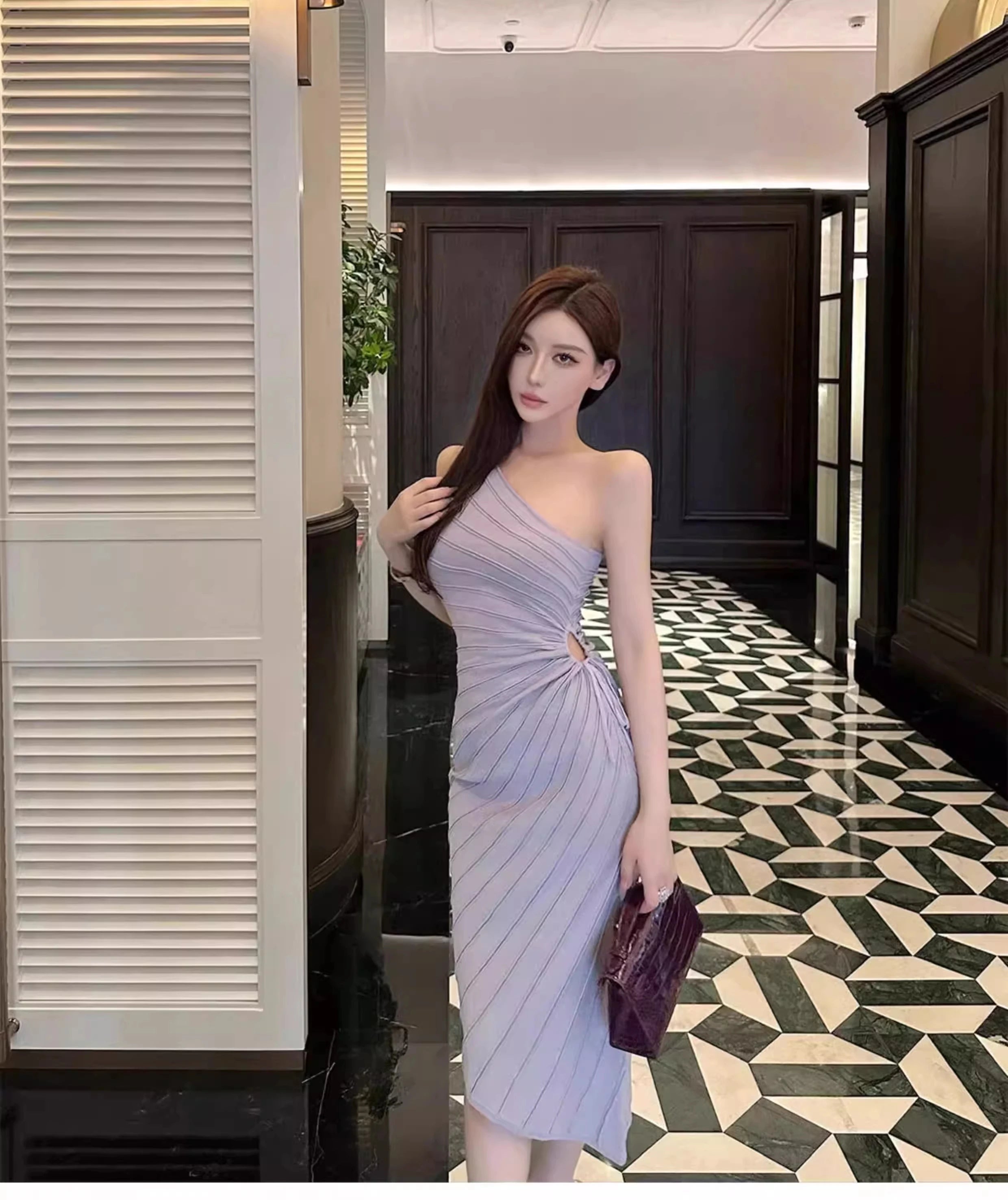 Women Elastic Summer Simple Party Dresses Sexy Irregular One Shoulder Stripe Sheath Pencil Dress