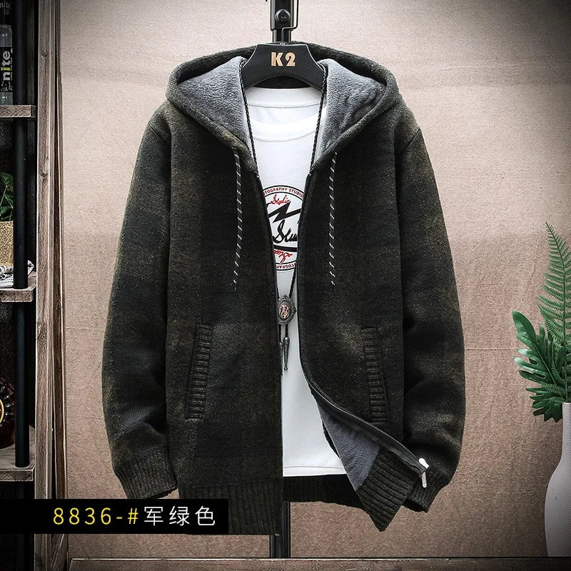 Men's Hooded Thickened Fleece Knitwear Casual Outerwear Winter Warm Plaid Cardigan Coat Large Size Comfortable Street Style