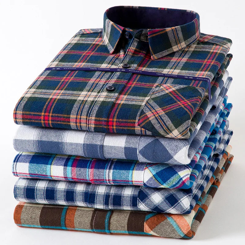 Pure Cotton Men's Plaid Shirts Long Sleeved Regular Fit Casual Office Fashion Shirts Leisure Autumn Male Check Blouses Plus Size