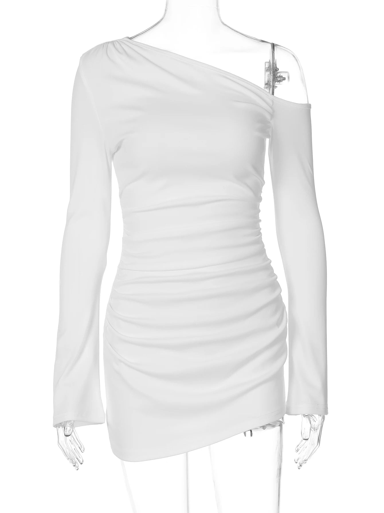 Dulzura Inclined Shoulder Long Sleeve Ruched Slim Irregular Mini Dress Women'S Solid Sexy Casual Dress Party Club Autumn Clothes