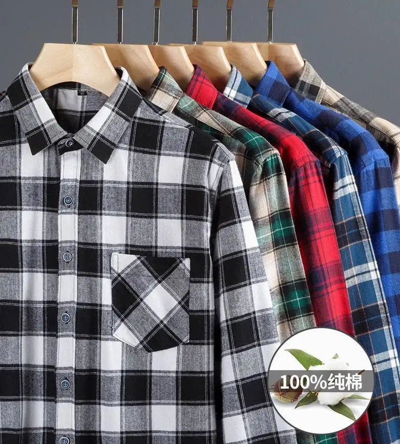 Plaid Flannel Shirts For Men Long Sleeve 100%Cotton Fashion Casual Soft Standard-Fit Man Blouse Clothes Men's clothing 10XL 11XL