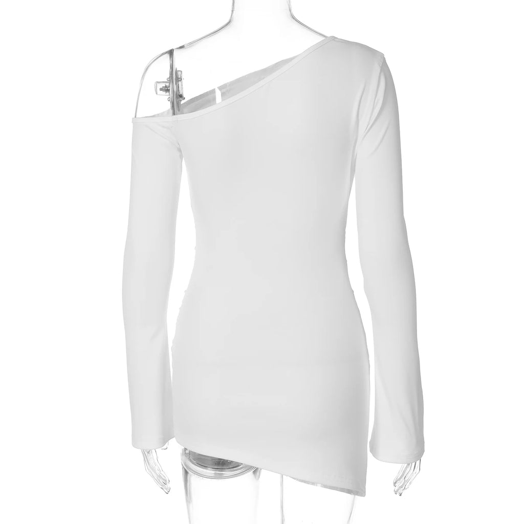 Dulzura Inclined Shoulder Long Sleeve Ruched Slim Irregular Mini Dress Women'S Solid Sexy Casual Dress Party Club Autumn Clothes