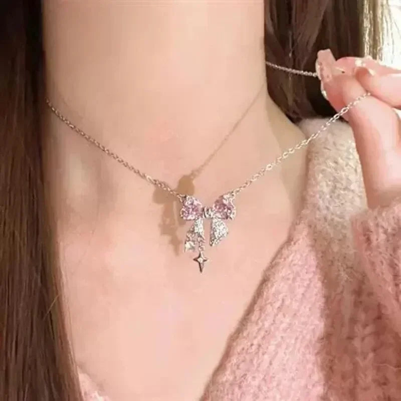 Luxury Fairy Pink Bow Shape Pendant Necklace Rings Set for Women Y2k Clavicle Chain Birthday Party Anniversary Gift Jewelry