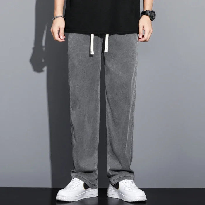 High Quality Summer Lyocell Fabric Men's Jeans Thin Straight Pants Drawstring Elastic Waist Korea Casual Trousers Plus Size
