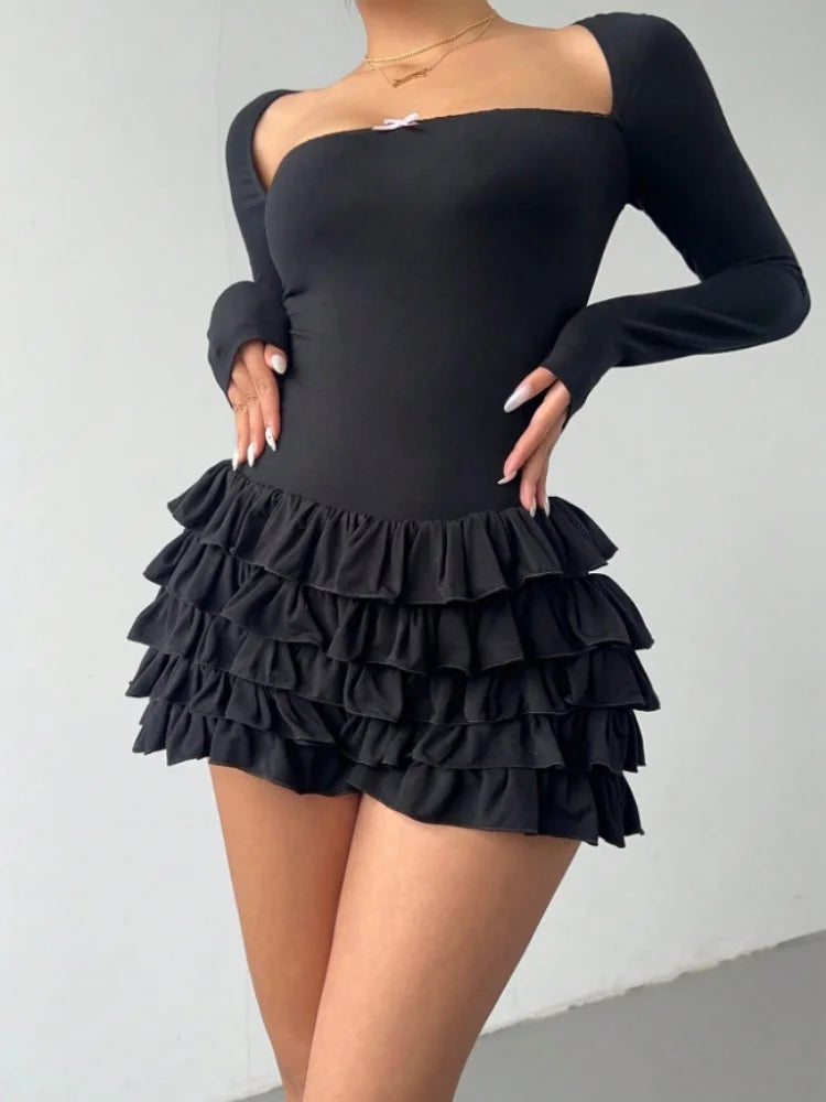 Fashion Ruffled Lace Panel Long Sleeve Dress Irregular Hem Feminine Elegant Vintage Style Party Casual Wear For Women